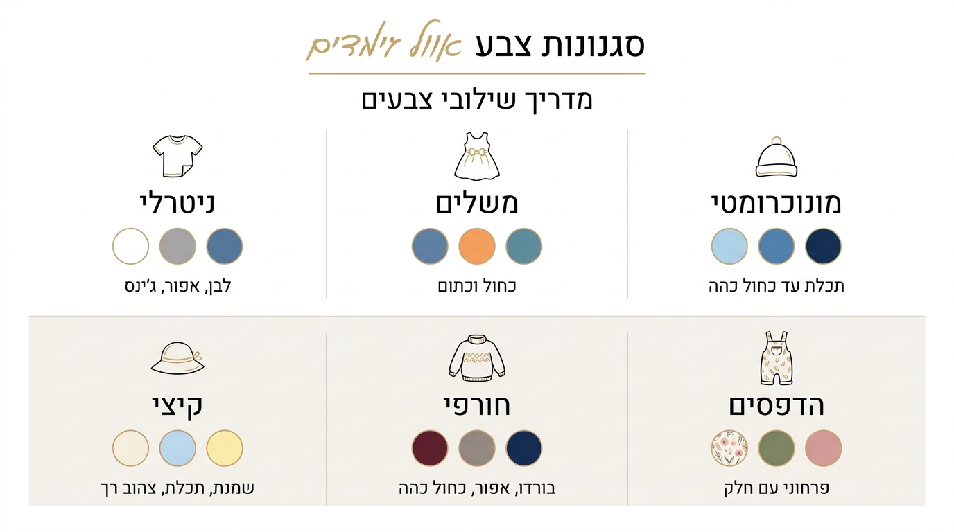 טבלת השוואה שילובי צבעים לפי סיטואציה בבגדי ילדים