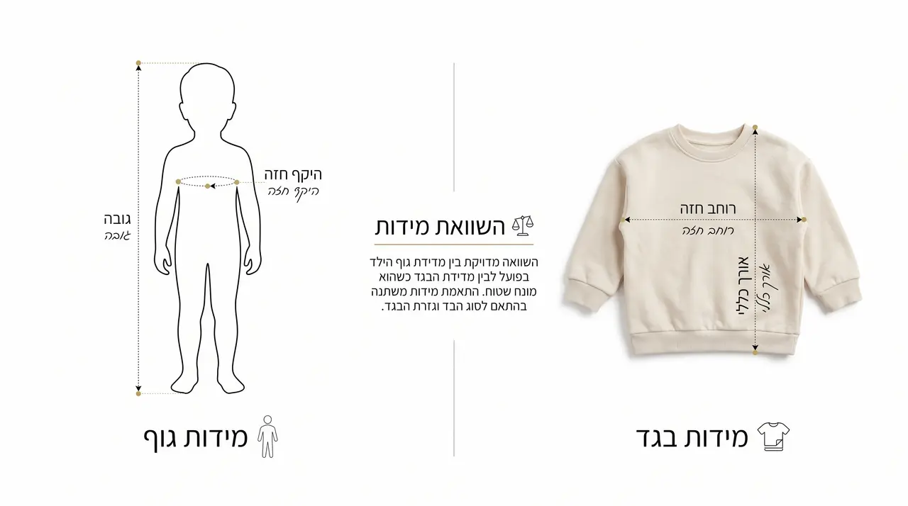 הבדלים בין מידות גוף למידות בגד בטבלת מידות ילדים