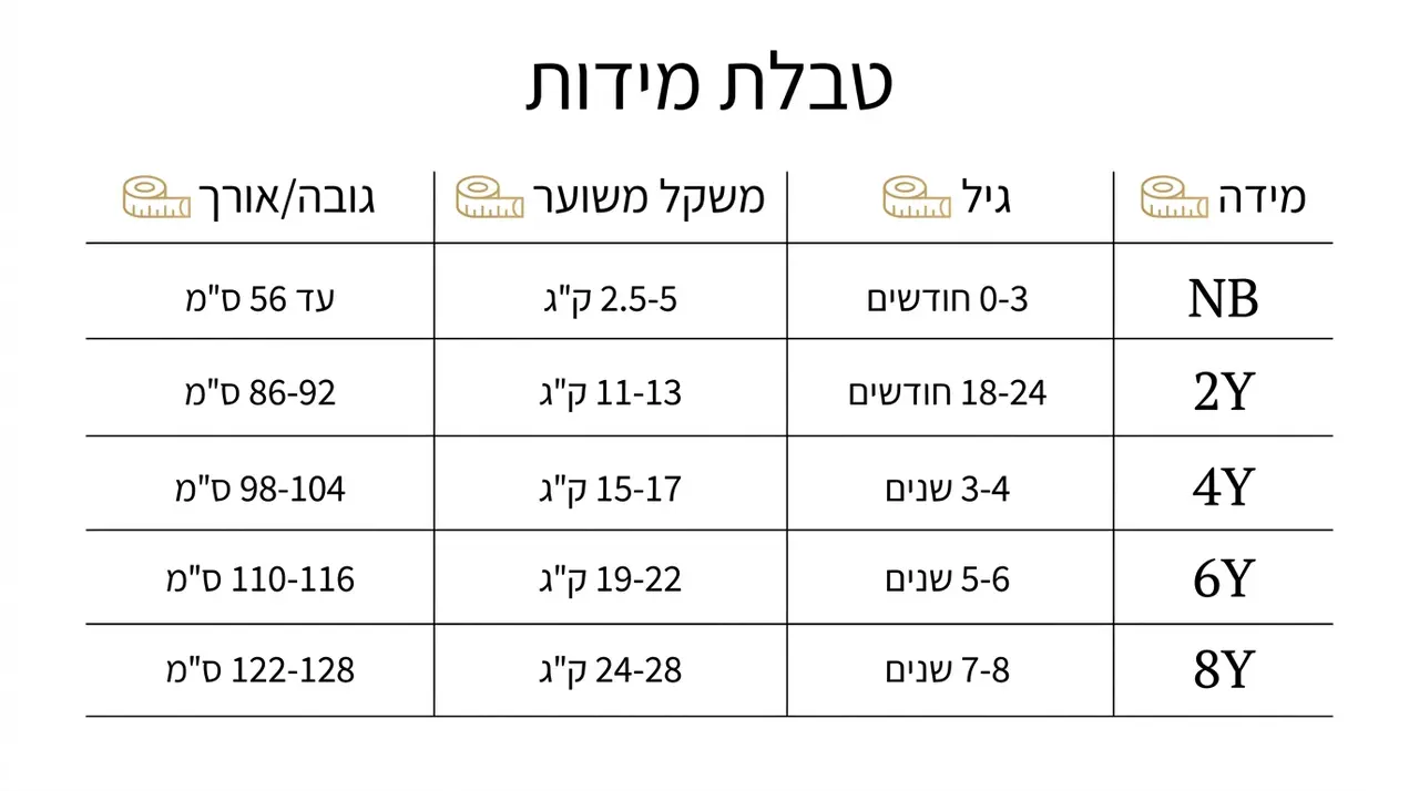 טבלת מידות מומלצת להתאמה מדויקת של בגדי ילדים